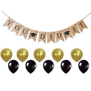 YOU DID IT Graduation Burlap Banner - 10 Gold and Black Latex Party Balloons NEW